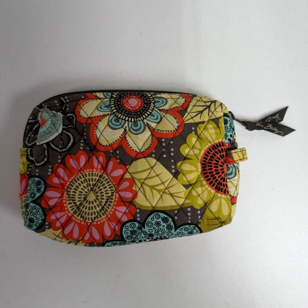 Vera Bradley Flower Shower Small Cosmetic Makeup Quilted Travel Pouch Brown